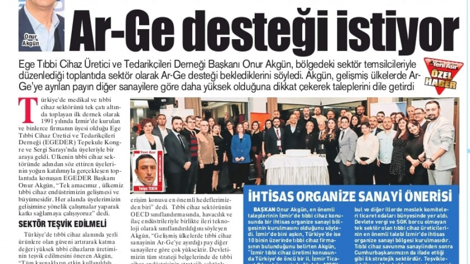 TIBBİ CİHAZ SEKTÖRÜ ARGE DESTEĞİ İSTİYOR - 03.01.2024 TARİHLİ YENİ ASIR HABERİ